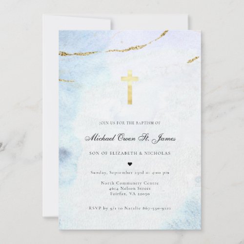 Modern Watercolor  Blue  Gold Baptism Invitation