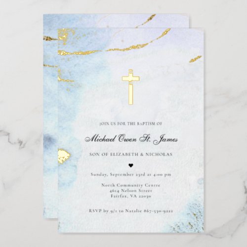 Modern Watercolor  Blue  Gold Baptism Invitation Foil Invitation