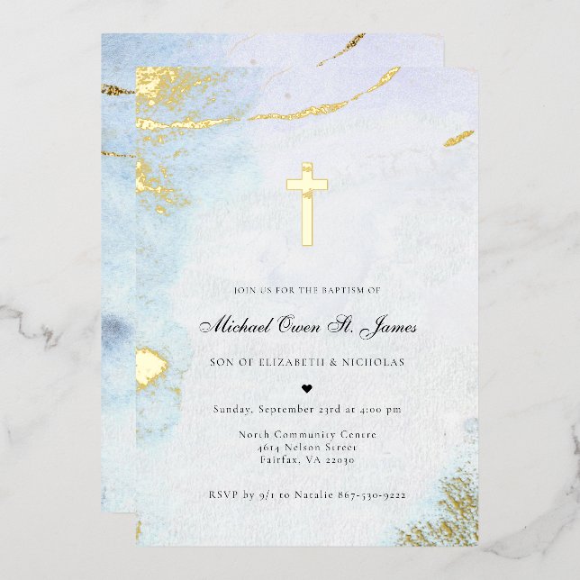 Modern Watercolor | Blue & Gold Baptism Invitation Foil Invitation (Front/Back)