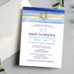 Modern Watercolor Blue Gold Bar Mitzvah Hebrew Invitation<br><div class="desc">Beautiful religious Jewish Bar Mitzvah invitation cards. Modern yet elegant watercolor design in brush stroke blue colors, light to navy blue. Gold Star of David in middle with faux gold foil brush stroke. Modern script letters. 'Is called to the TORAH as a Bar Mitzvah'. Prefect for 13 year old son,...</div>