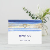 Modern Watercolor Blue Gold Bar Mitzvah Hebrew Thank You Card (Standing Front)