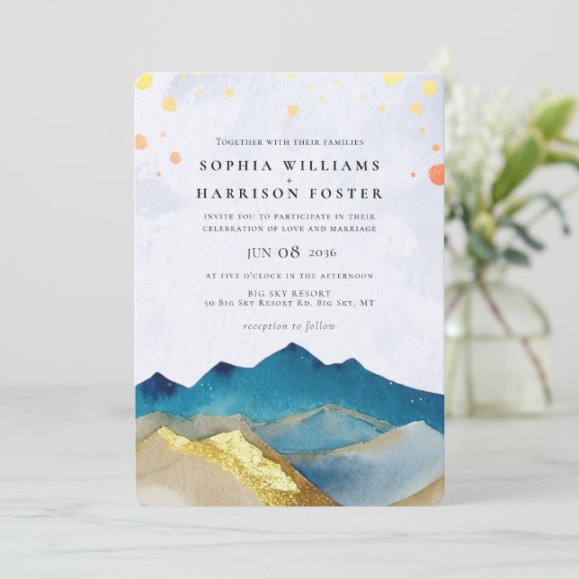 Modern Watercolor Blue Gold Mountain Wedding Photo Invitation (Standing Front)