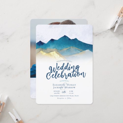 Modern Watercolor Blue Gold Mountain Wedding Photo Invitation