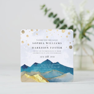 Modern Watercolor Blue Gold Mountain Wedding Photo Invitation