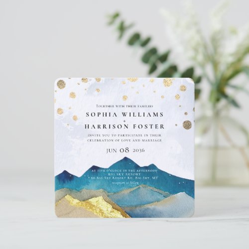 Modern Watercolor Blue Gold Mountain Wedding Photo Invitation