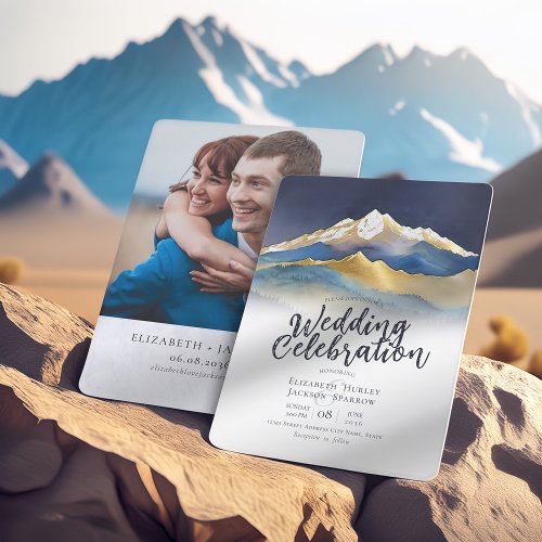 Modern Watercolor Blue Gold Mountain Wedding Photo Invitation