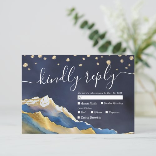 Modern Watercolor Blue Gold Mountain Wedding RSVP