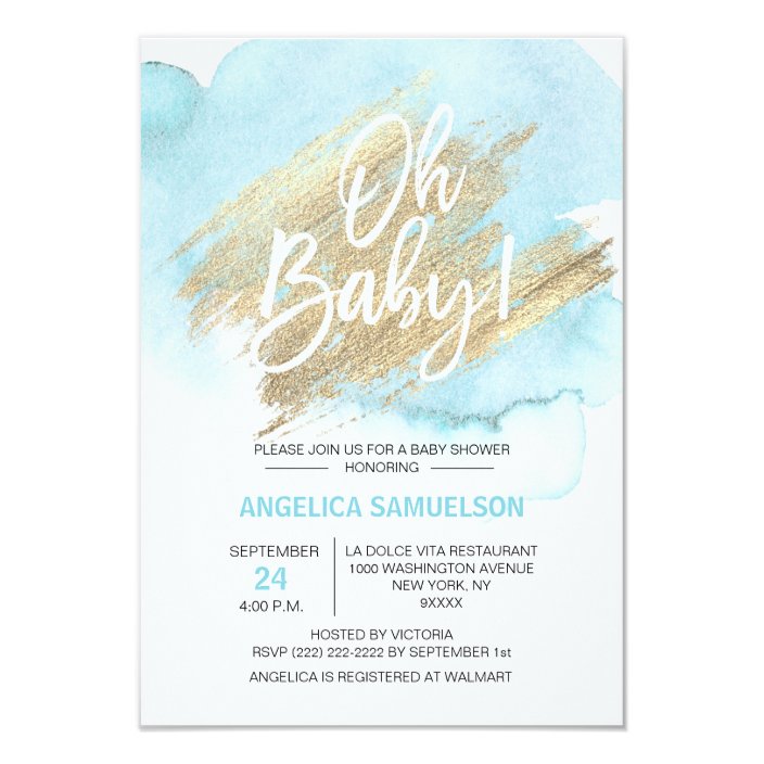 Modern Watercolor Blue Gold Oh Baby Shower 3 5x5 Invitation Zazzle Com