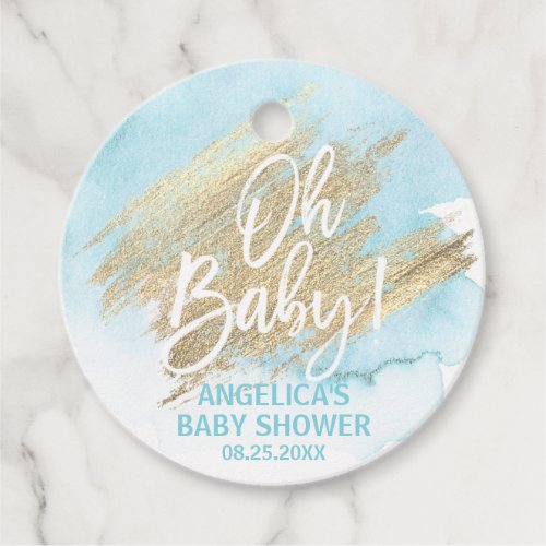 Modern Watercolor Blue Gold Oh Baby Shower Favor Tags