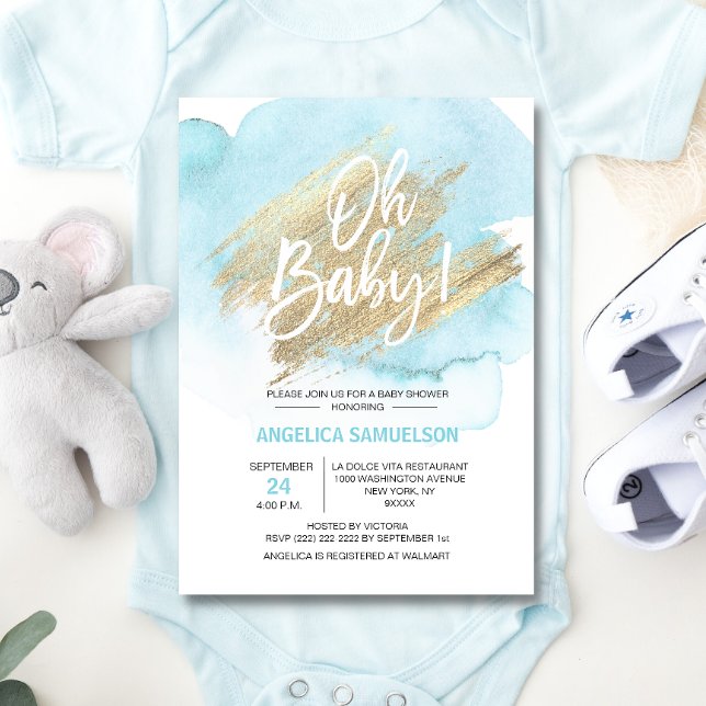 Modern Watercolor Blue Gold Oh Baby Shower Invitation