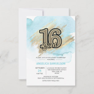 Modern Watercolor Blue Gold Sweet 16 Sixteen Invitation
