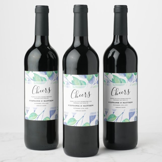 Modern Watercolor Blue Green Leaves Wedding Wine Label (Bottles)