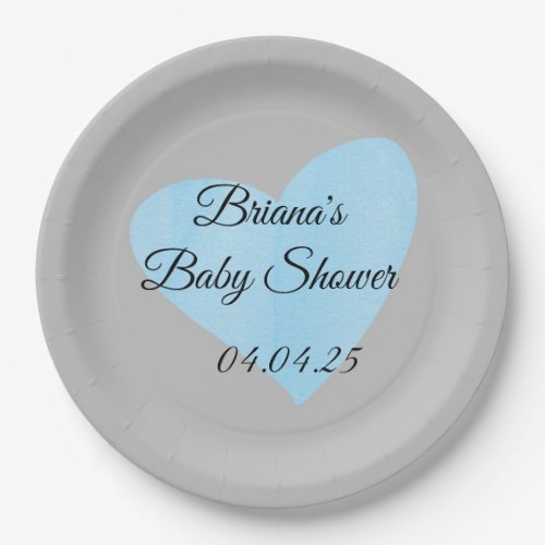 Modern Watercolor Blue Heart Boy Baby Shower Paper Plates