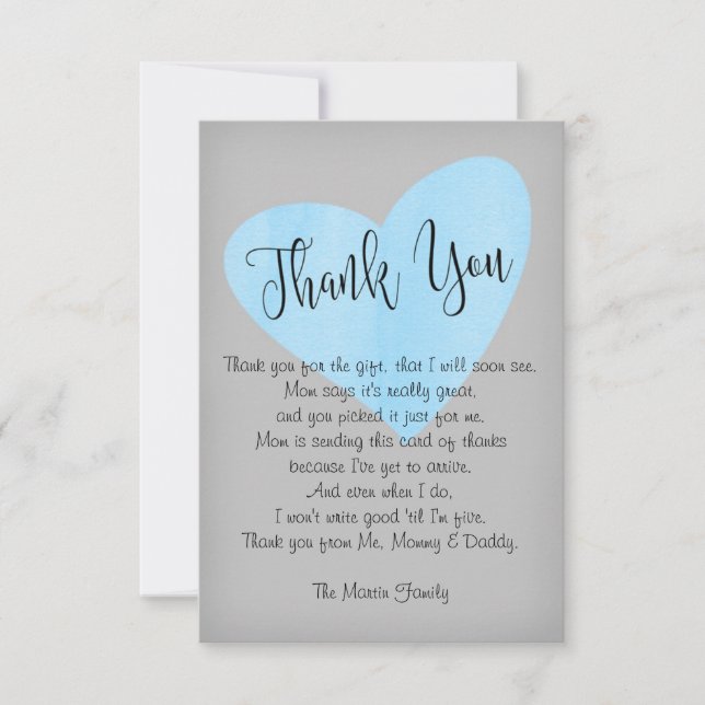 Modern Watercolor Blue Heart Boy Baby Shower Thank You Card (Front)
