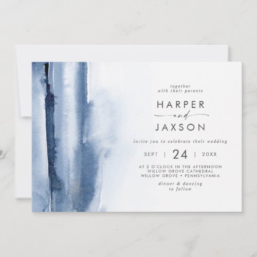 Modern Watercolor   Blue Horizontal Wedding Invitation