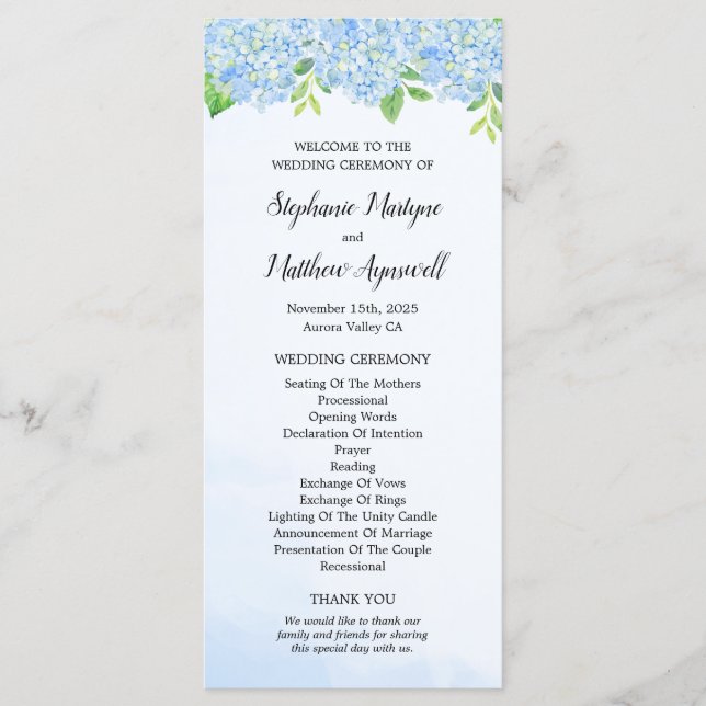 Modern Watercolor Blue Hydrangea Wedding Ceremony Program (Front)