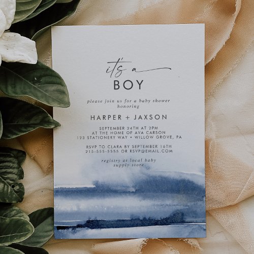Modern Watercolor  Blue Its A Boy Baby Shower Invitation