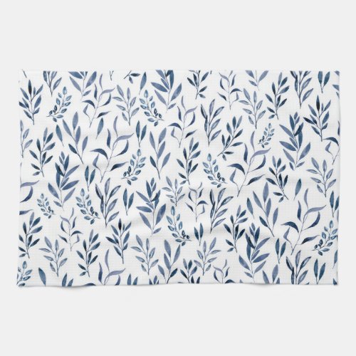 Modern Watercolor Blue Leaves Pattern   Kitchen Towel