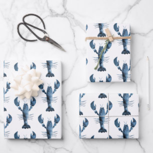 Modern Watercolor Blue Lobster Wrapping Paper Sheets