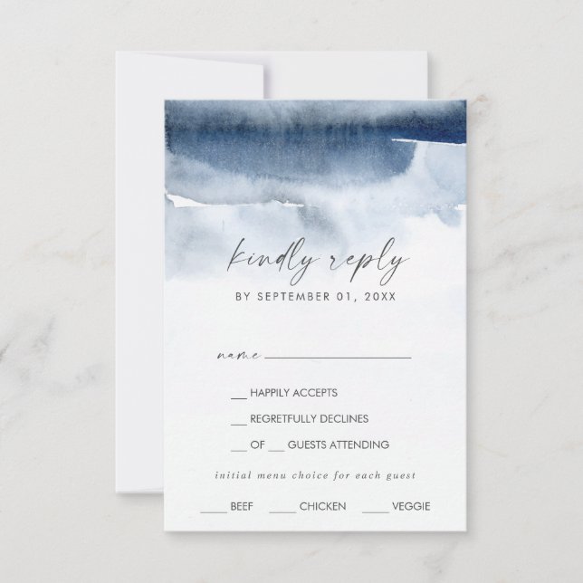 Modern Watercolor | Blue Menu Choice RSVP Card (Front)