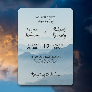 Modern Watercolor Blue Mountain Typography Wedding Invitation