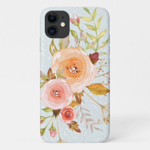 Modern Watercolor Blue n Pink Floral Rose Foliage iPhone 11 Case