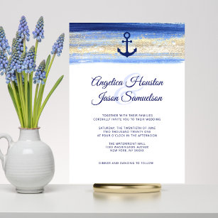 Modern Watercolor Blue Navy Gold Nautical Wedding Invitation