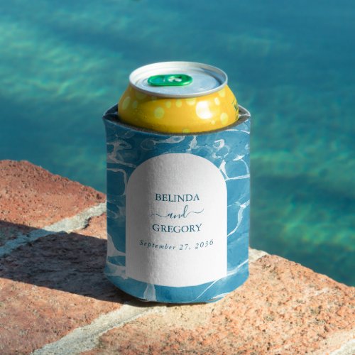 Modern Watercolor Blue Ocean Beach Wedding Can Cooler