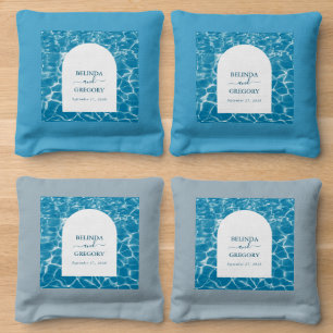 Modern Watercolor Blue Ocean Beach Wedding Cornhole Bags