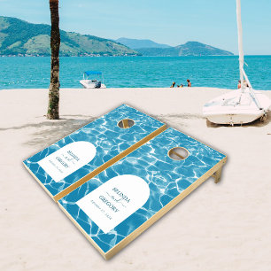 Modern Watercolor Blue Ocean Beach Wedding Cornhole Set