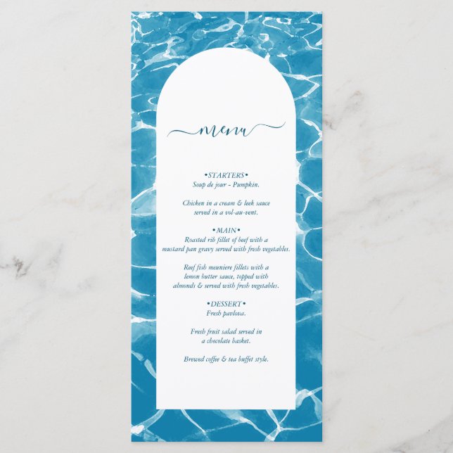Modern Watercolor Blue Ocean Beach Wedding Menu (Front)