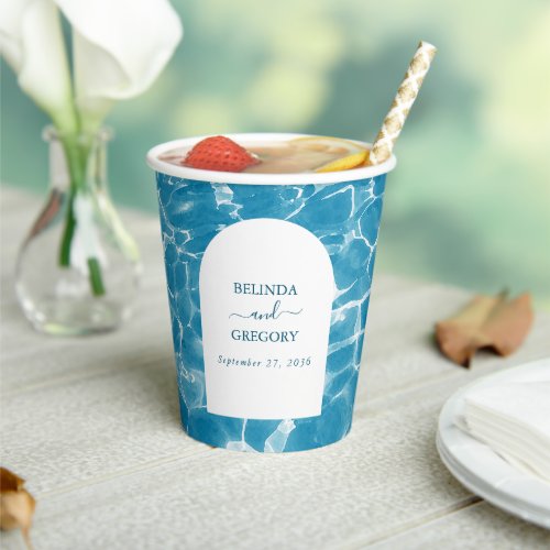 Modern Watercolor Blue Ocean Beach Wedding Paper Cups