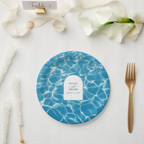 Modern Watercolor Blue Ocean Beach Wedding Paper Plates