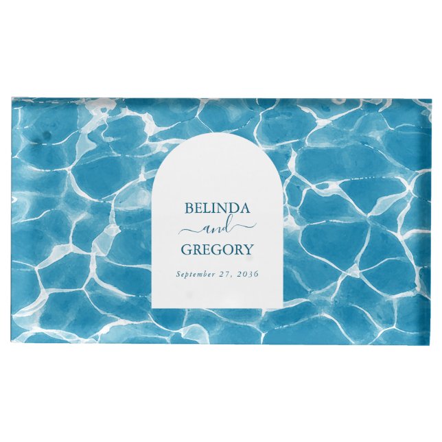 Modern Watercolor Blue Ocean Beach Wedding Place Card Holder (Front)