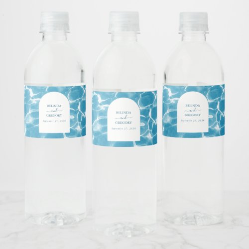 Modern Watercolor Blue Ocean Beach Wedding Water Bottle Label