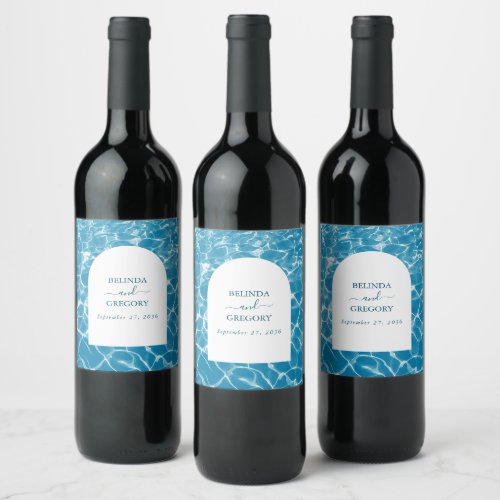 Modern Watercolor Blue Ocean Beach Wedding Wine Label