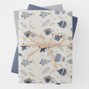 Modern Watercolor Blue Ornaments Snow Christmas Wrapping Paper Sheets