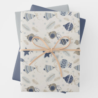 Modern Watercolor Blue Ornaments Snow Christmas Wrapping Paper Sheets