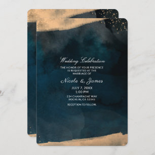 Modern Watercolor Blue & Peach Coral Chic Wedding Invitation