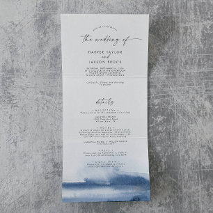 Modern Watercolor Blue Photo Wedding All In One Tri-Fold Invitation