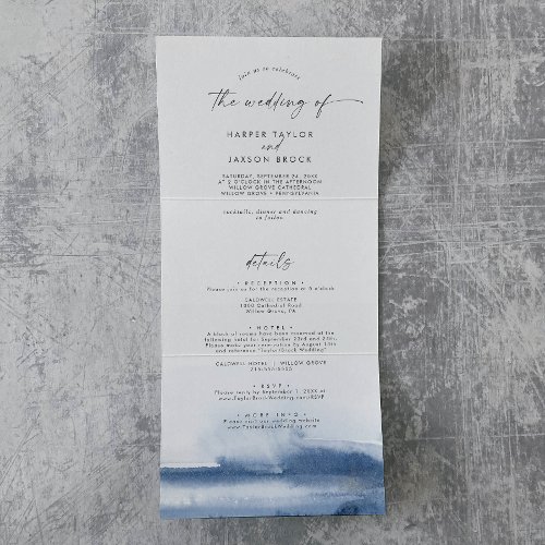 Modern Watercolor  Blue Photo Wedding All In One  Tri_Fold Invitation