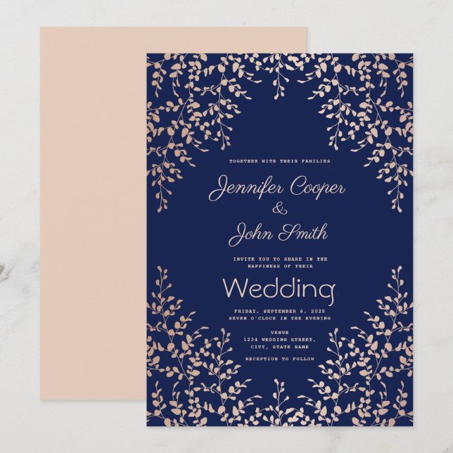 Modern Watercolor Blue Pink Botanical Wedding Invitation (Front/Back)