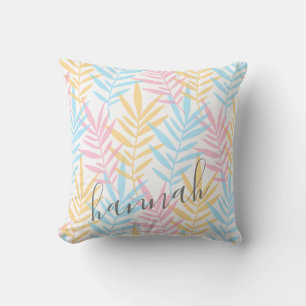 Modern Watercolor Blue Pink Yellow Palm Leaves Throw Pillow