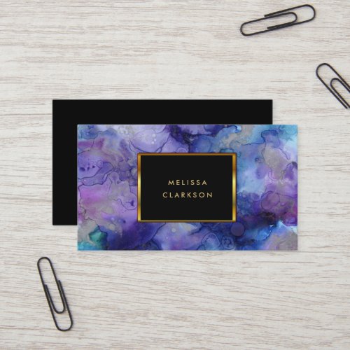 Modern watercolor blue purple splatter gold frame business card