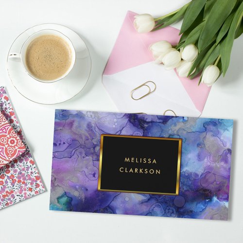 Modern watercolor blue purple splatter gold frame business card