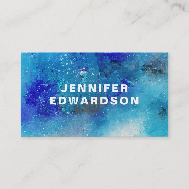 Modern watercolor blue purple splatter splash business card (Front)