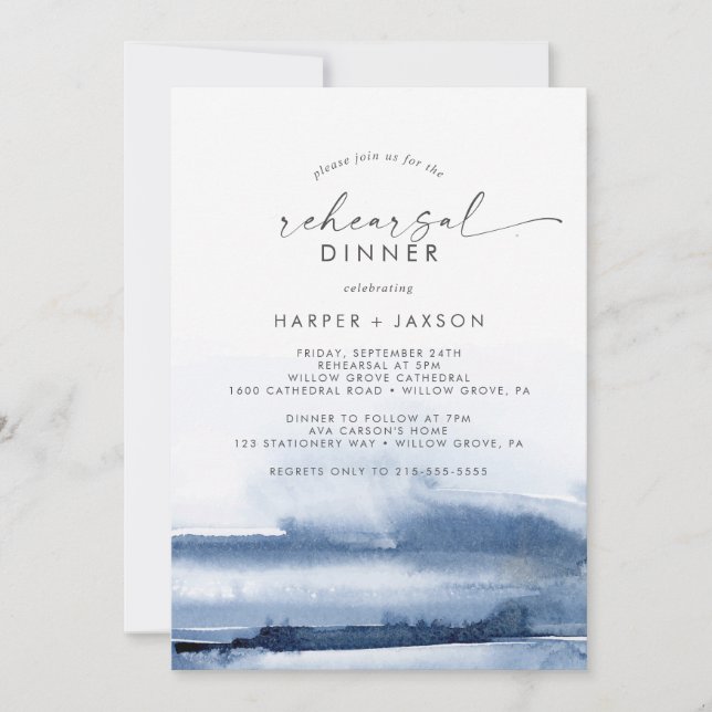 Modern Watercolor | Blue Rehearsal Dinner Invitation (Front)