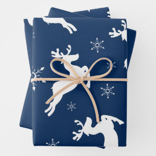 Modern Watercolor Blue Reindeer Snow Christmas Wrapping Paper Sheets