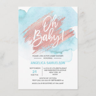 Modern Watercolor Blue Rose Gold Oh Baby Shower Invitation