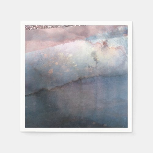 Modern Watercolor Blue  Rose Gold Pink Chic Glam Napkins